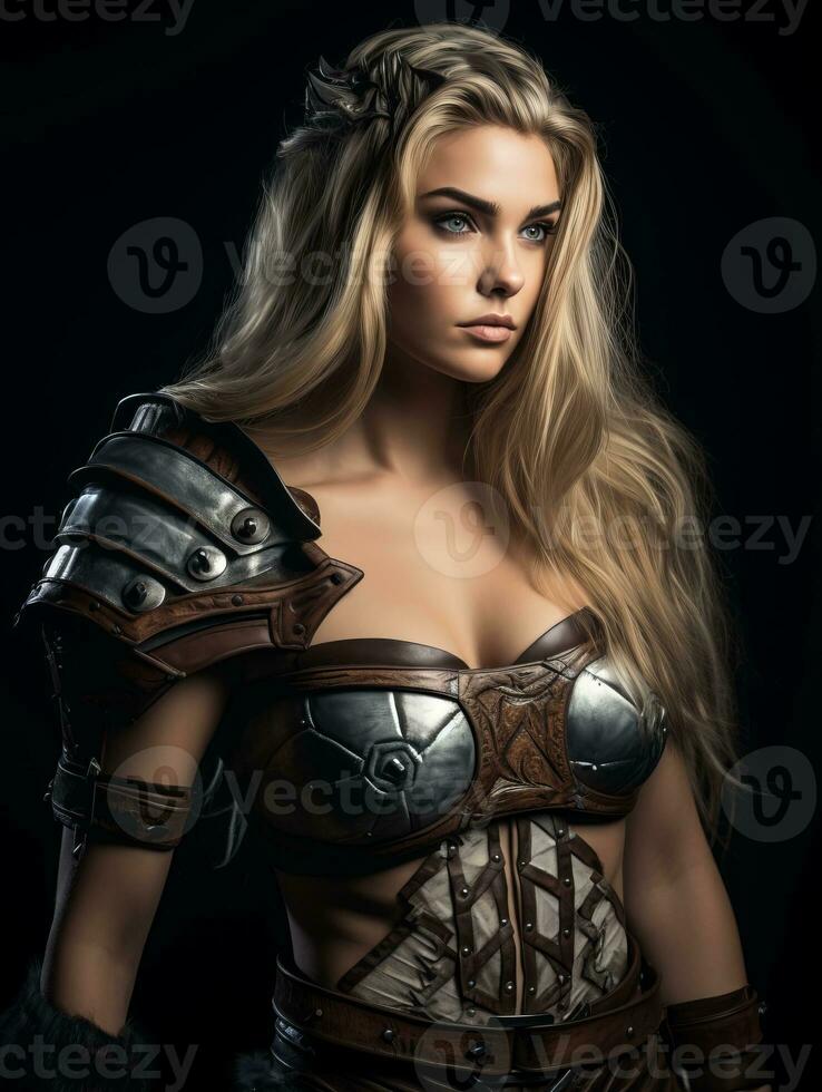 a beautiful woman in armor with long blonde hair generative ai photo