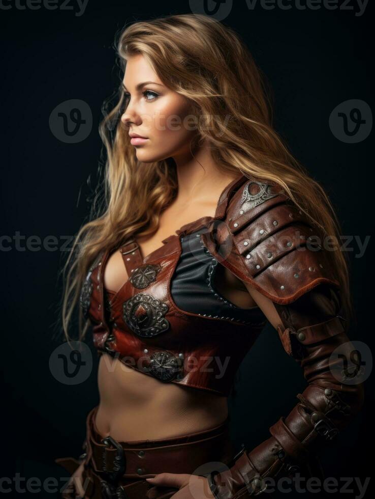 a beautiful woman in leather armor posing for the camera generative ai photo