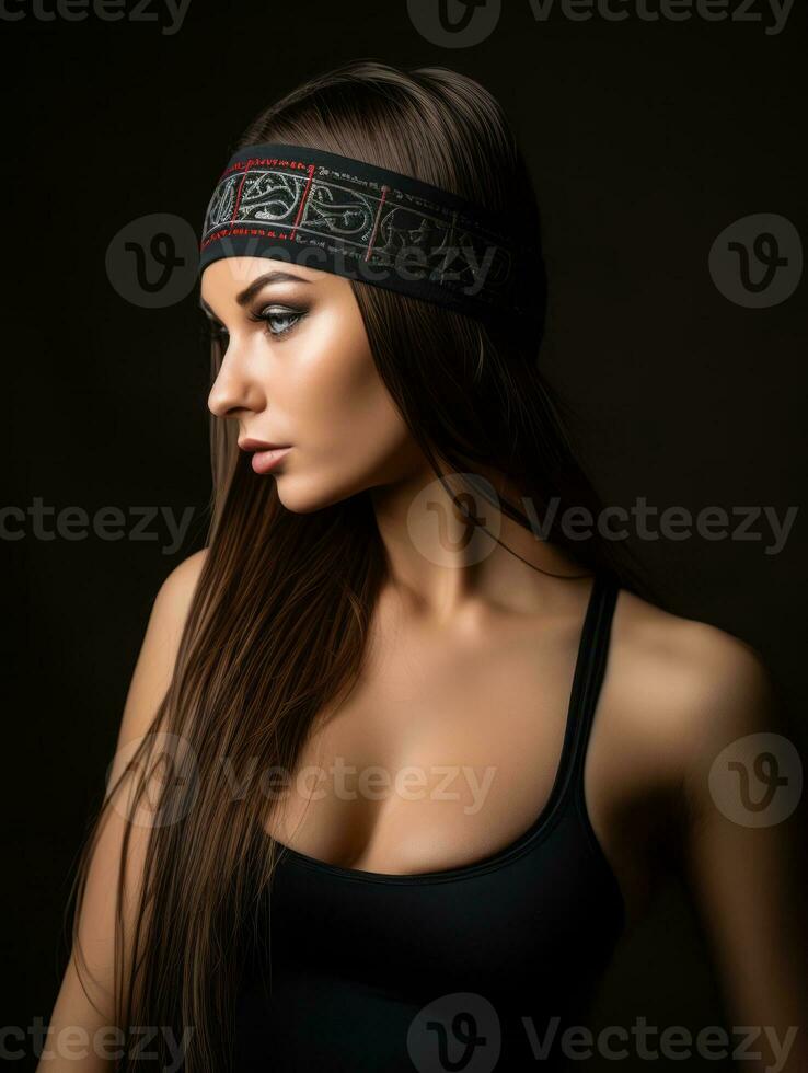 a beautiful woman wearing a headband on a black background generative ai photo