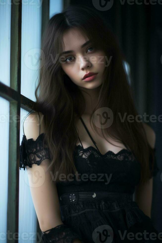 a beautiful young woman in a black dress leaning against a window generative ai photo