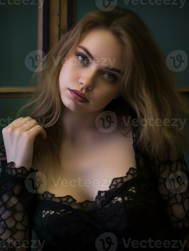 a beautiful young woman in a black lace top photo