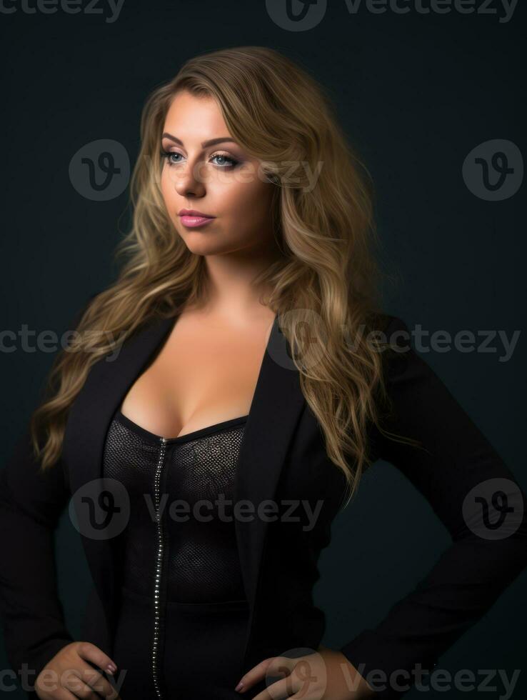 a beautiful young woman in a black suit posing for the camera generative ai photo