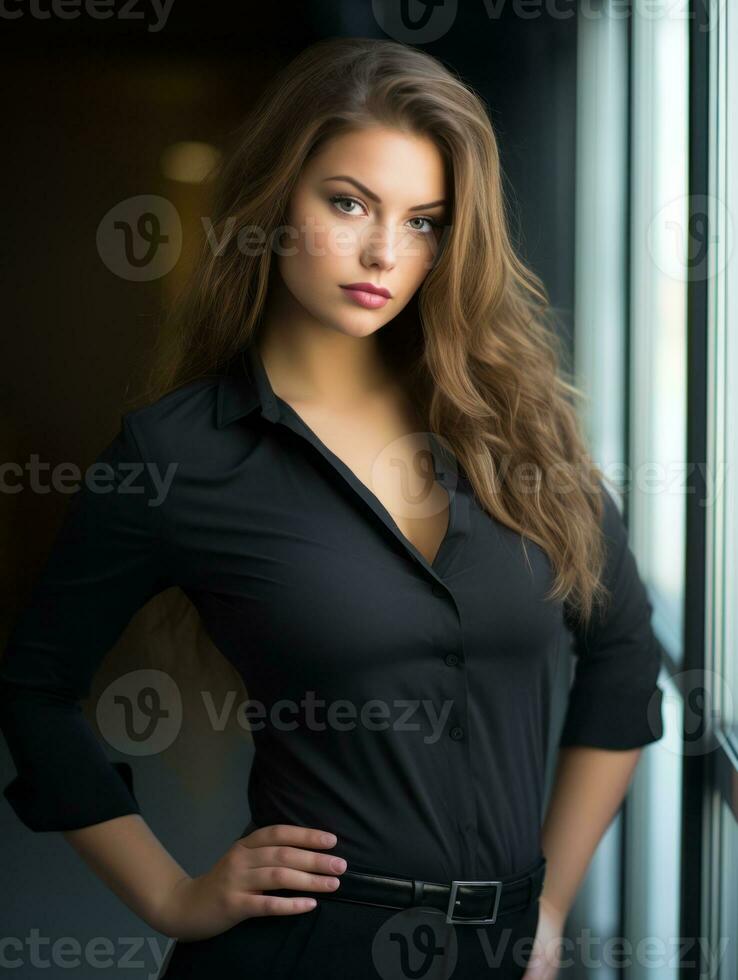 a beautiful young woman in a black shirt posing for the camera generative ai photo
