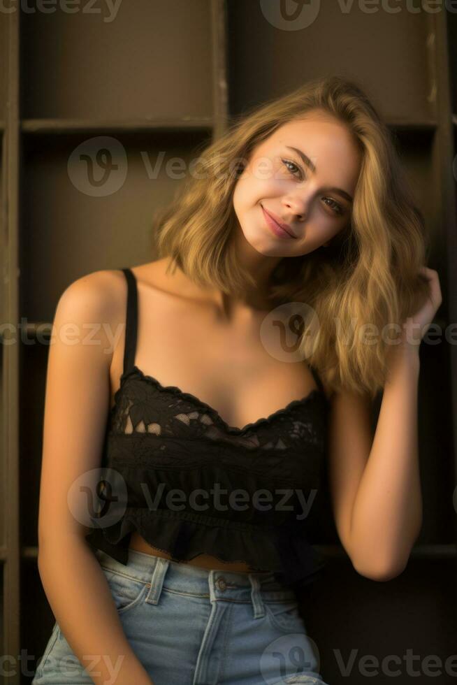 a beautiful young woman in a black top and denim shorts generative ai photo