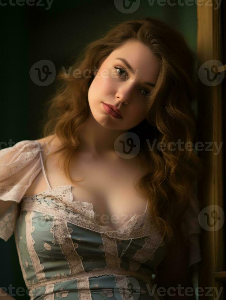 a beautiful young woman in a dress leaning against a door generative ai photo
