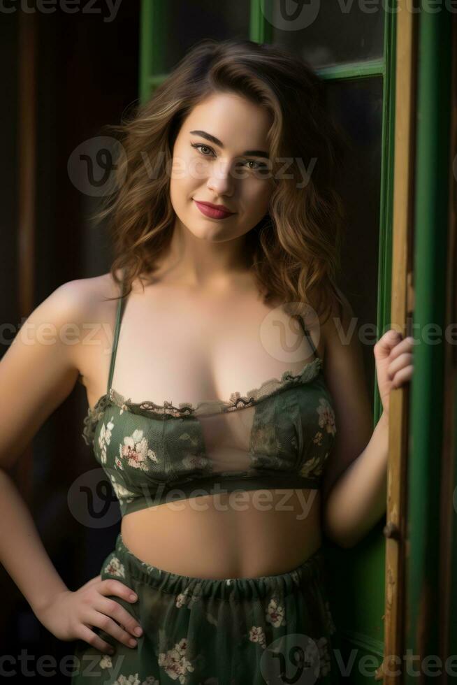 a beautiful young woman in a green floral bikini top generative ai photo