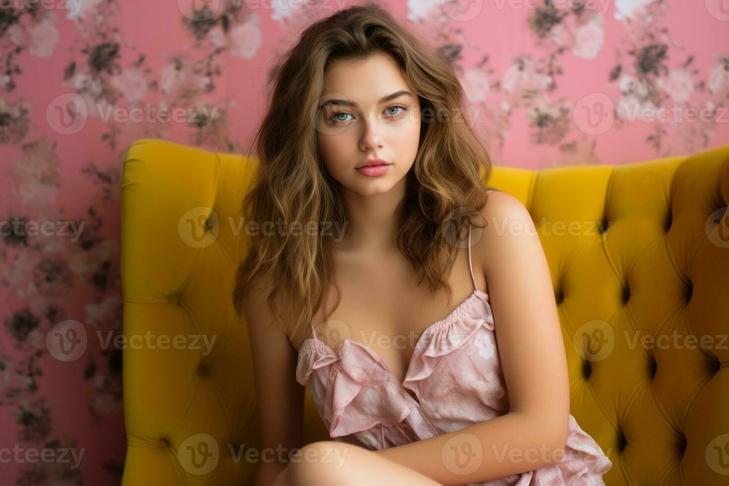 a beautiful young woman in a pink dress sitting on a yellow couch generative ai photo