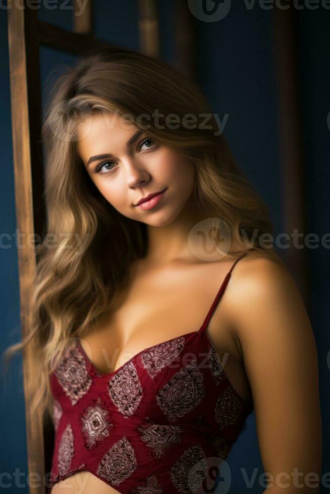 a beautiful young woman in a red bra top generative ai photo