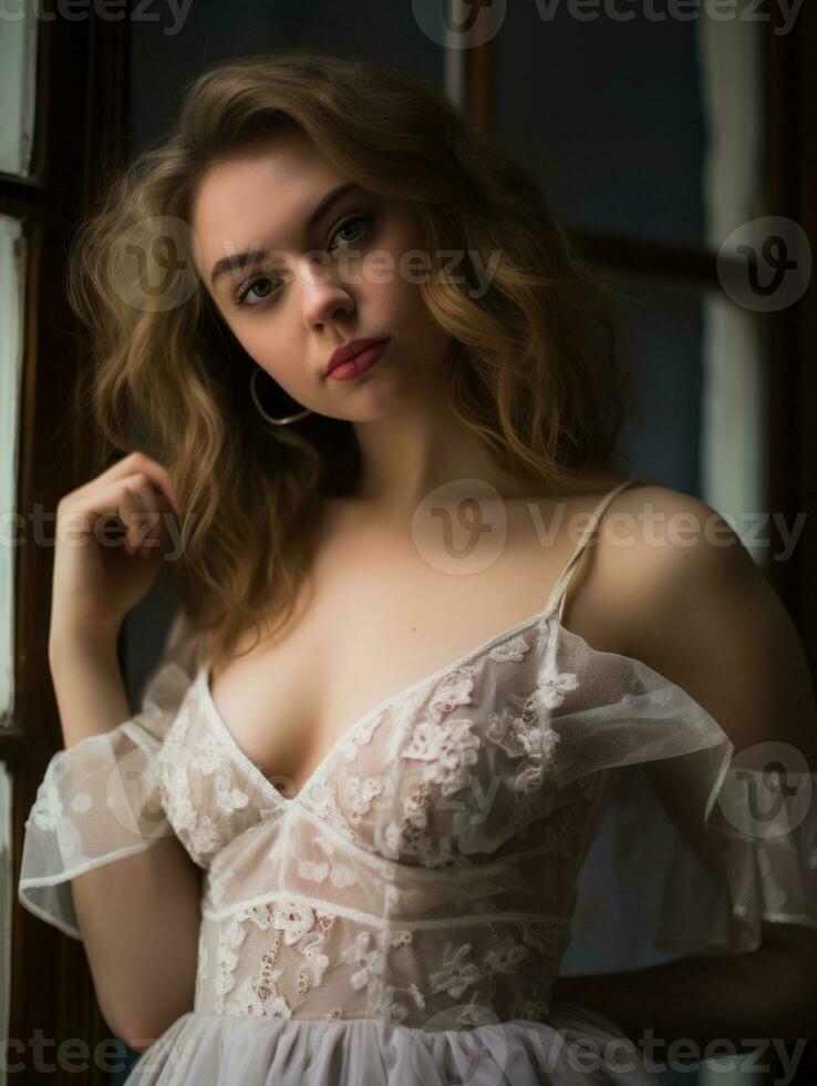 a beautiful young woman in a white dress posing by a window generative ai photo