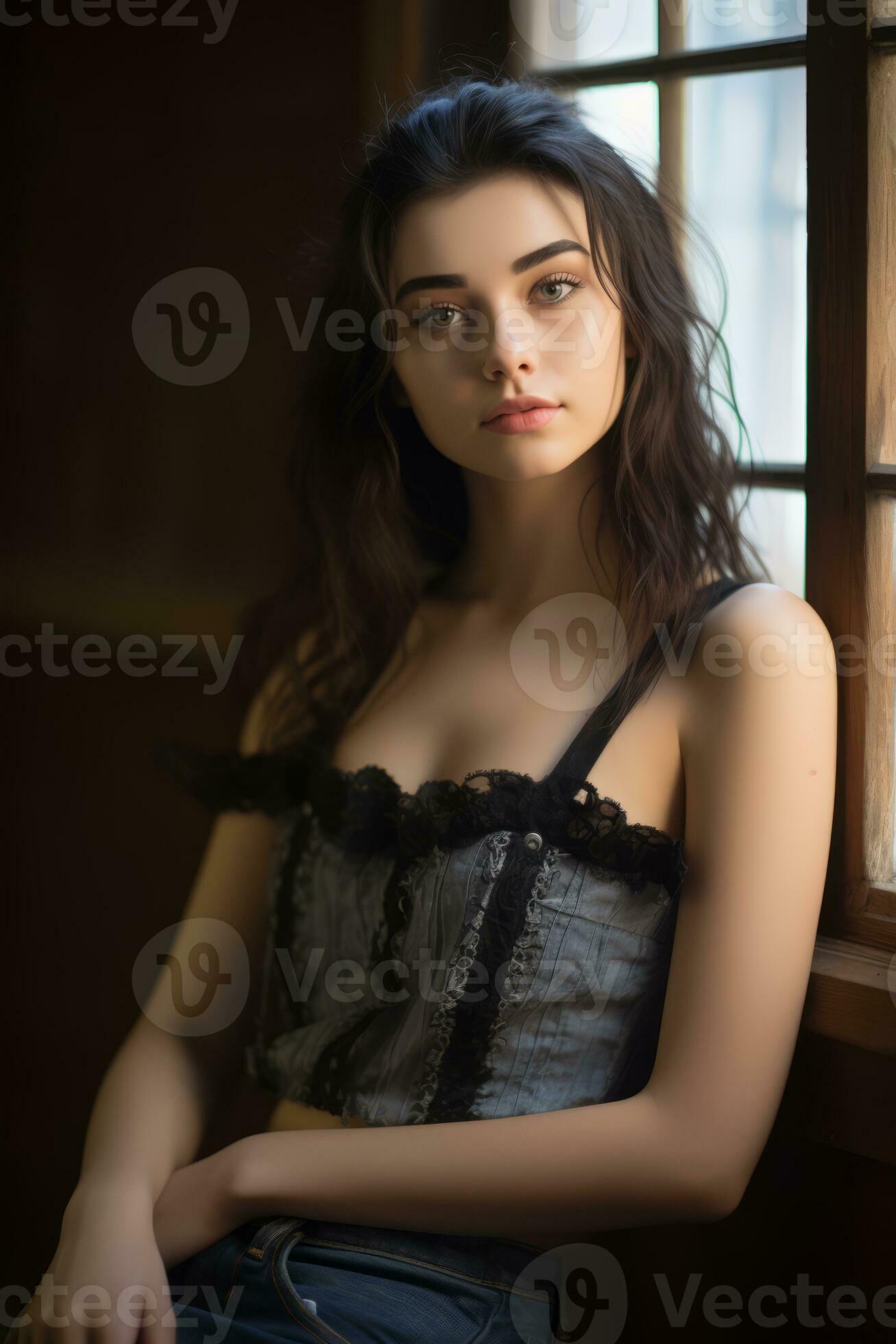 a woman with big breasts posing in front of a window generative ai 29688435  Stock Photo at Vecteezy