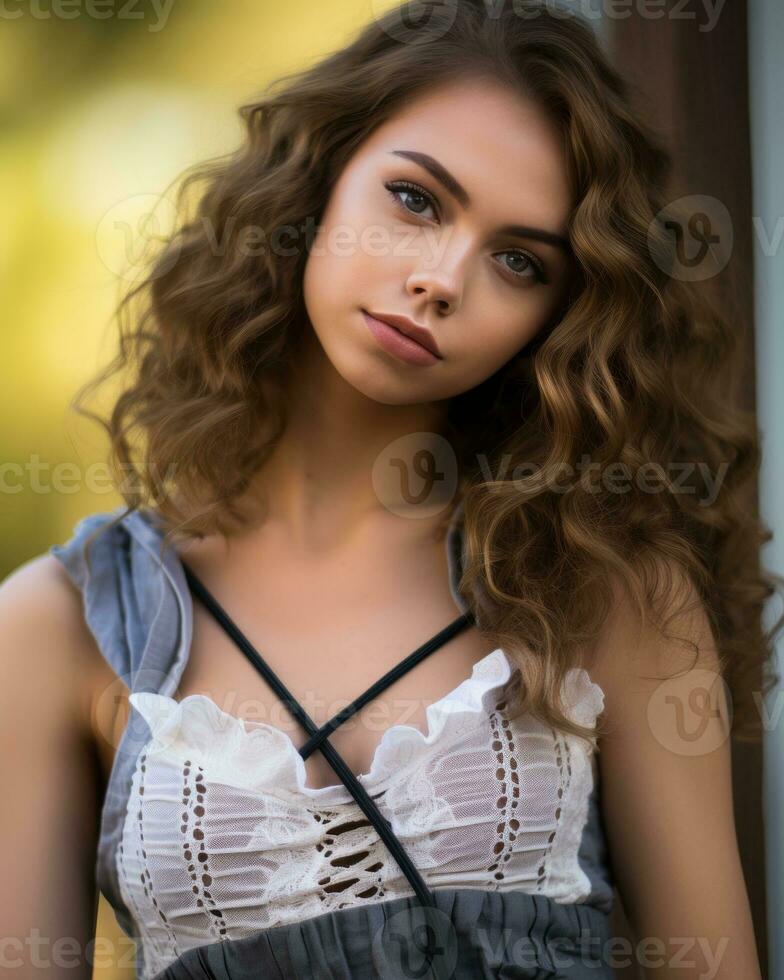a beautiful young woman with curly hair posing for the camera generative ai photo