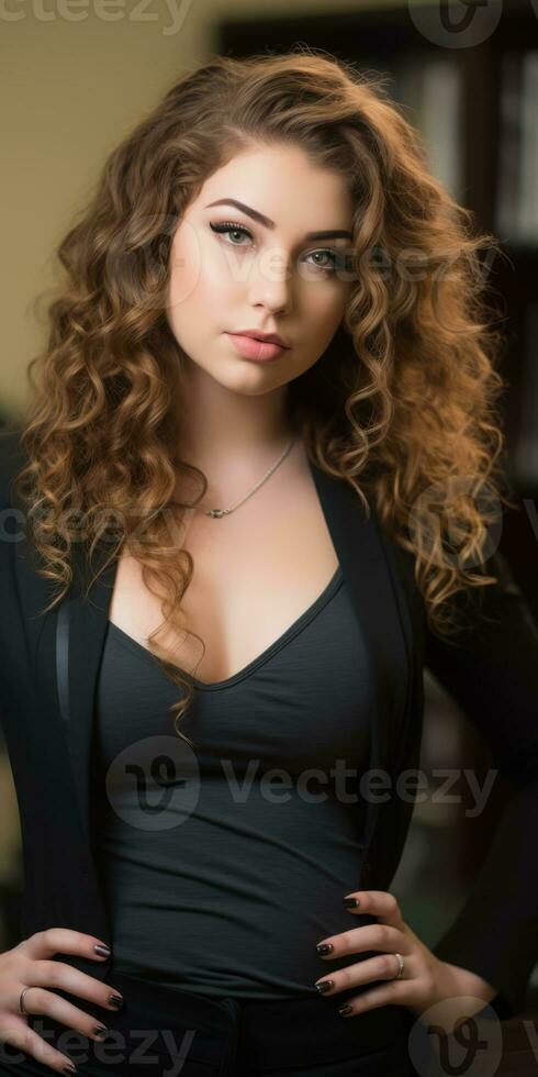 a beautiful young woman with curly hair posing for the camera generative ai photo