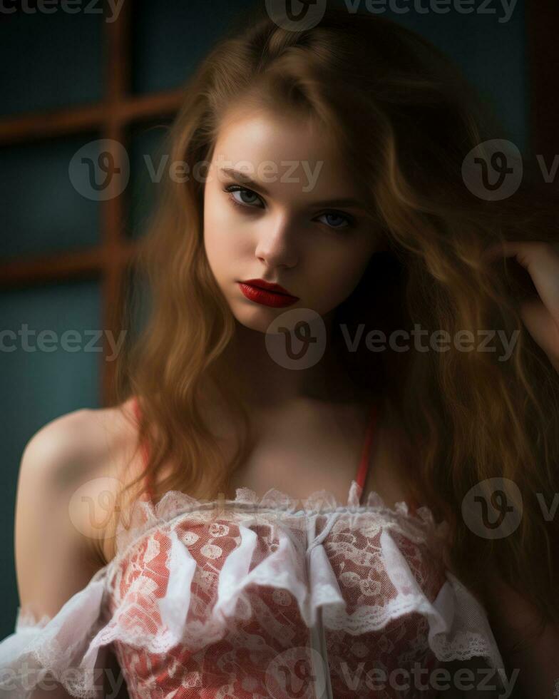 a beautiful young woman with red lips and a red dress generative ai photo