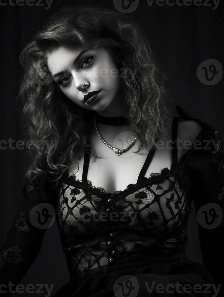 a black and white photo of a woman in a gothic dress generative ai