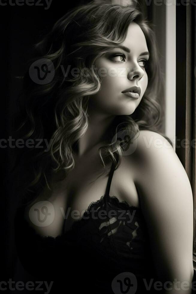 a black and white photo of a woman in lingerie generative ai