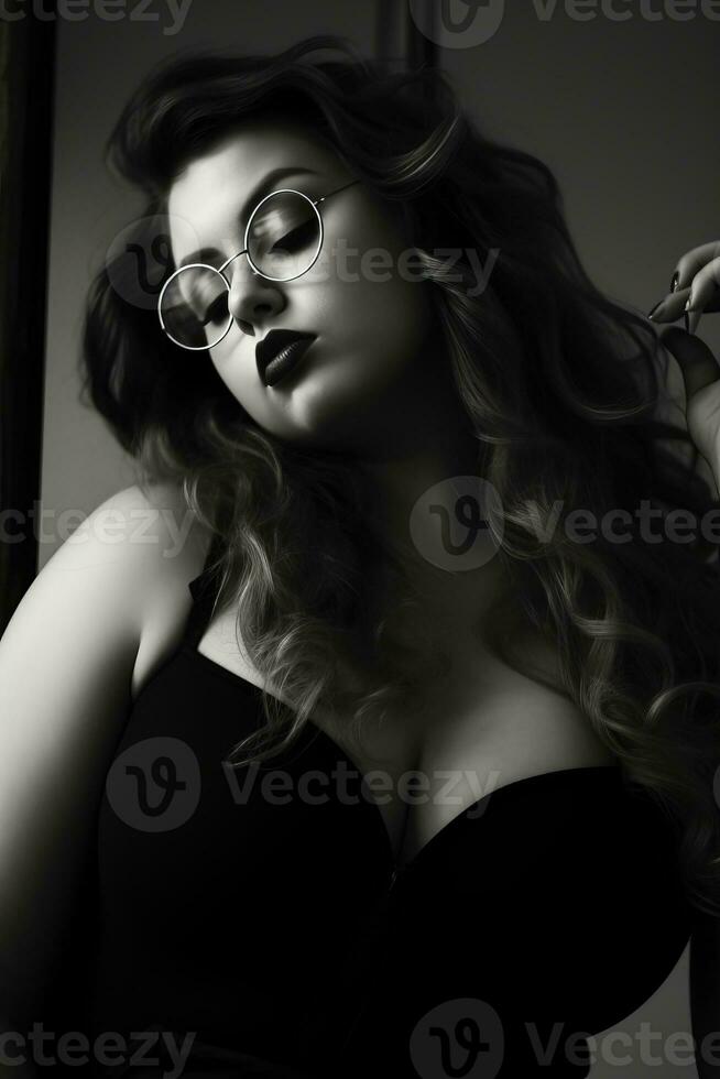 a black and white photo of a woman wearing glasses generative ai
