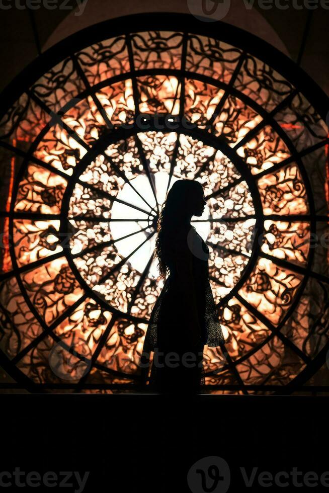 a silhouette of a woman standing in front of a circular window generative ai photo
