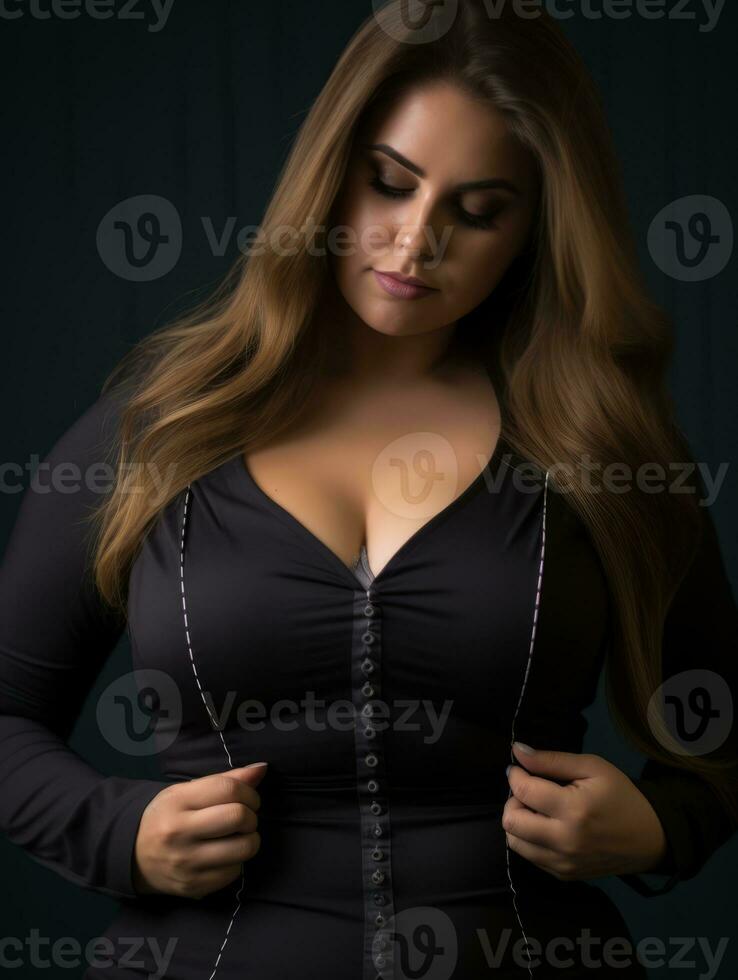 a woman in a black bodysuit with her hands on her chest generative ai photo