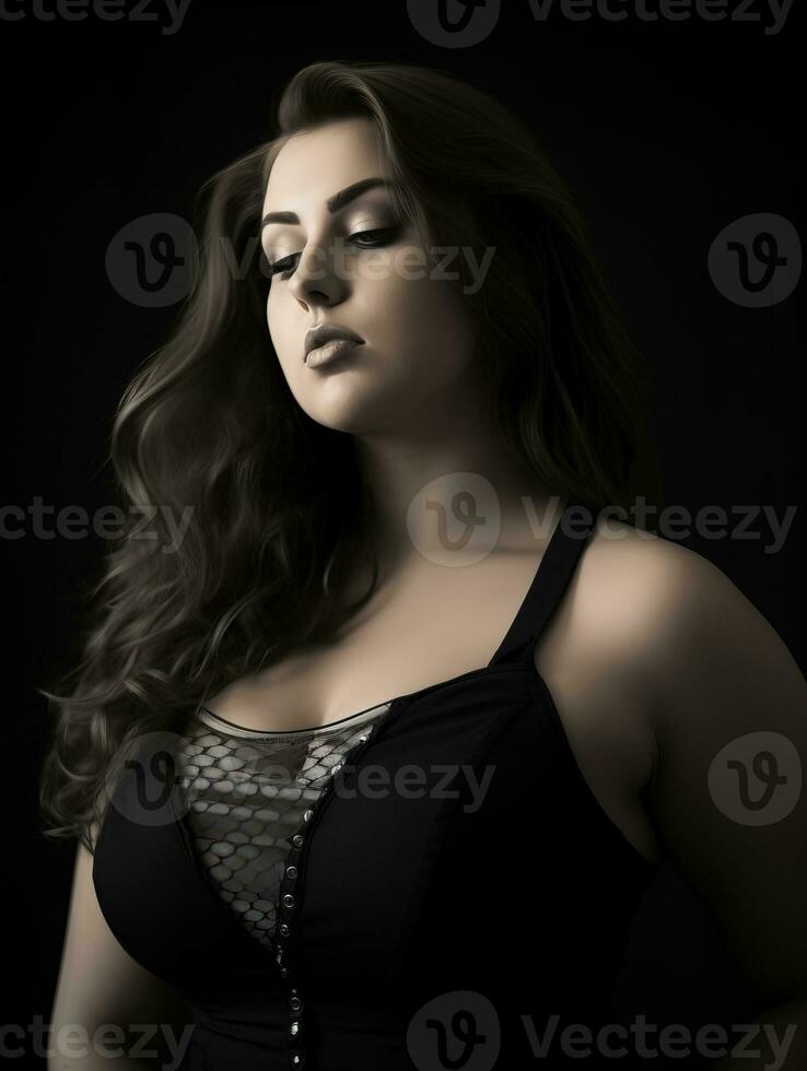 a woman in a black dress posing for the camera generative ai photo