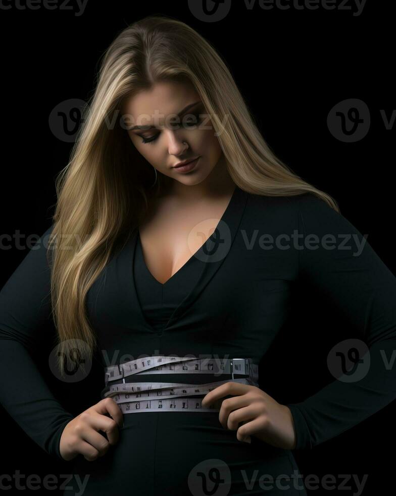a woman in a black dress with a measuring tape around her waist generative ai photo