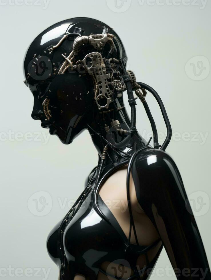 a woman in a black latex body suit with wires attached to her head generative ai photo