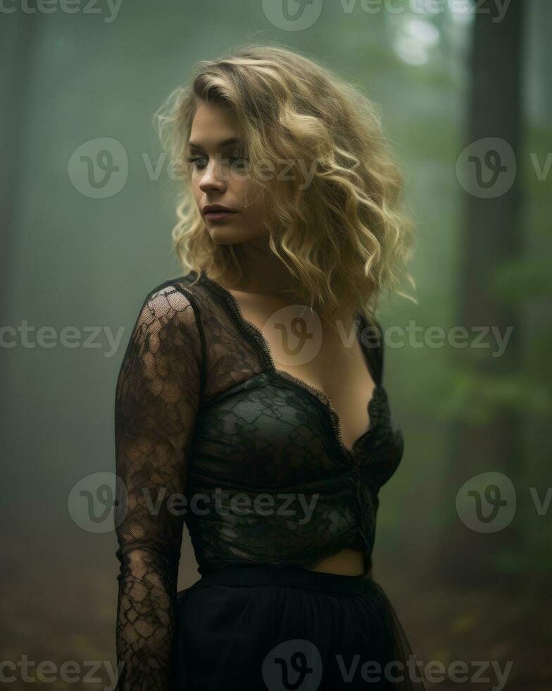 a woman in a black lace top and skirt standing in a foggy forest generative ai photo
