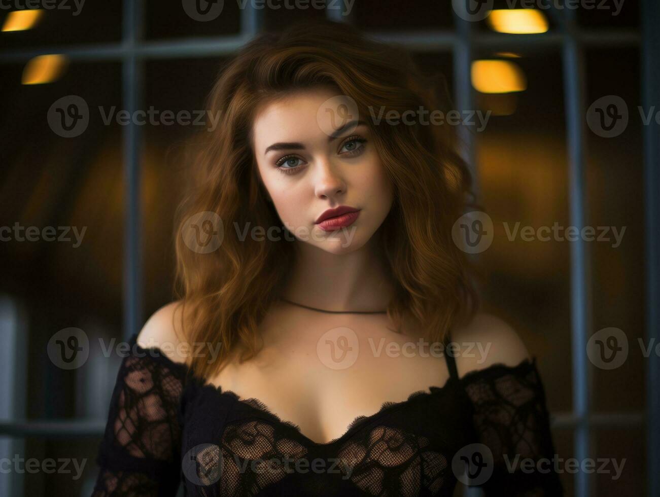 a woman in a black lace top posing for the camera generative ai photo