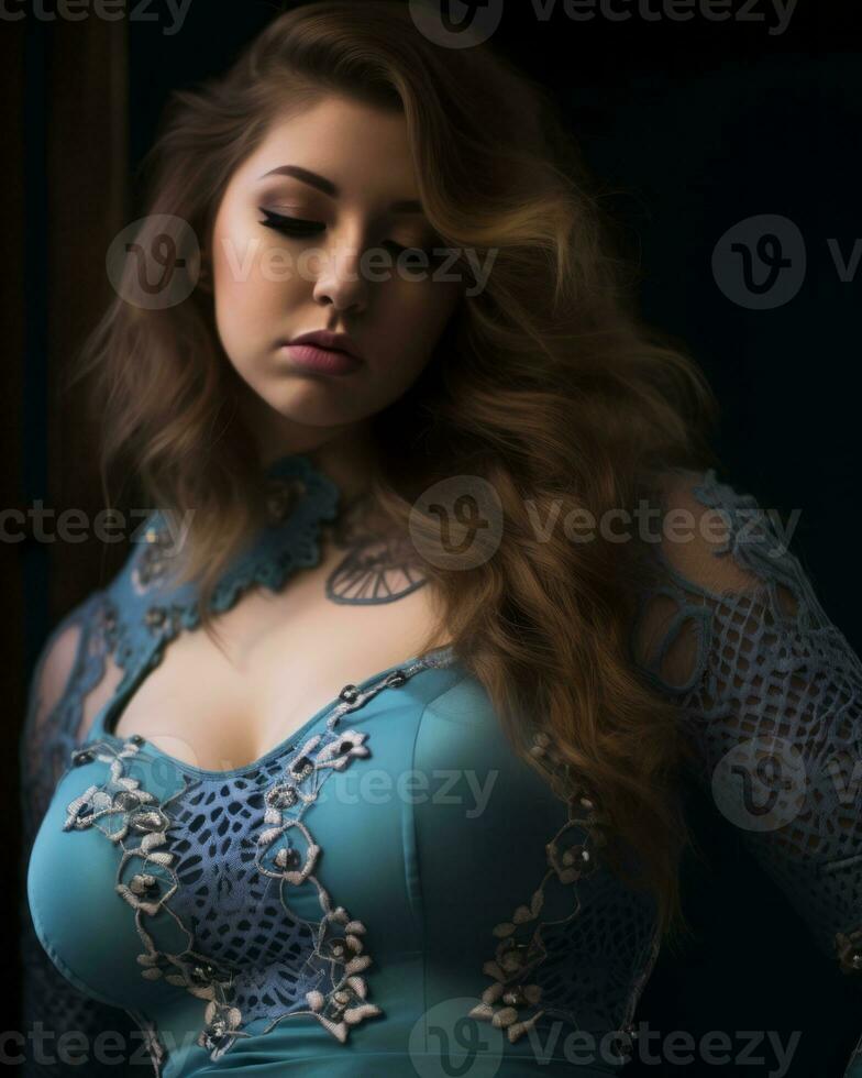 a woman in a blue dress posing for the camera generative ai photo