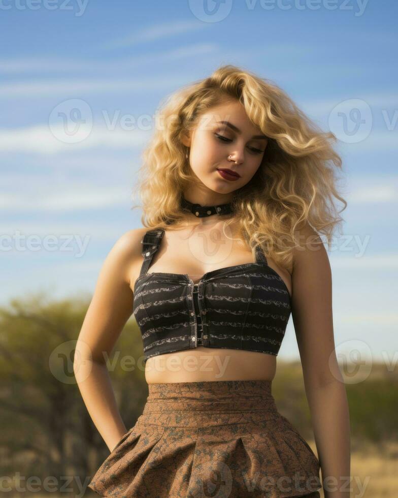 a woman in a crop top and skirt standing in the desert generative ai photo