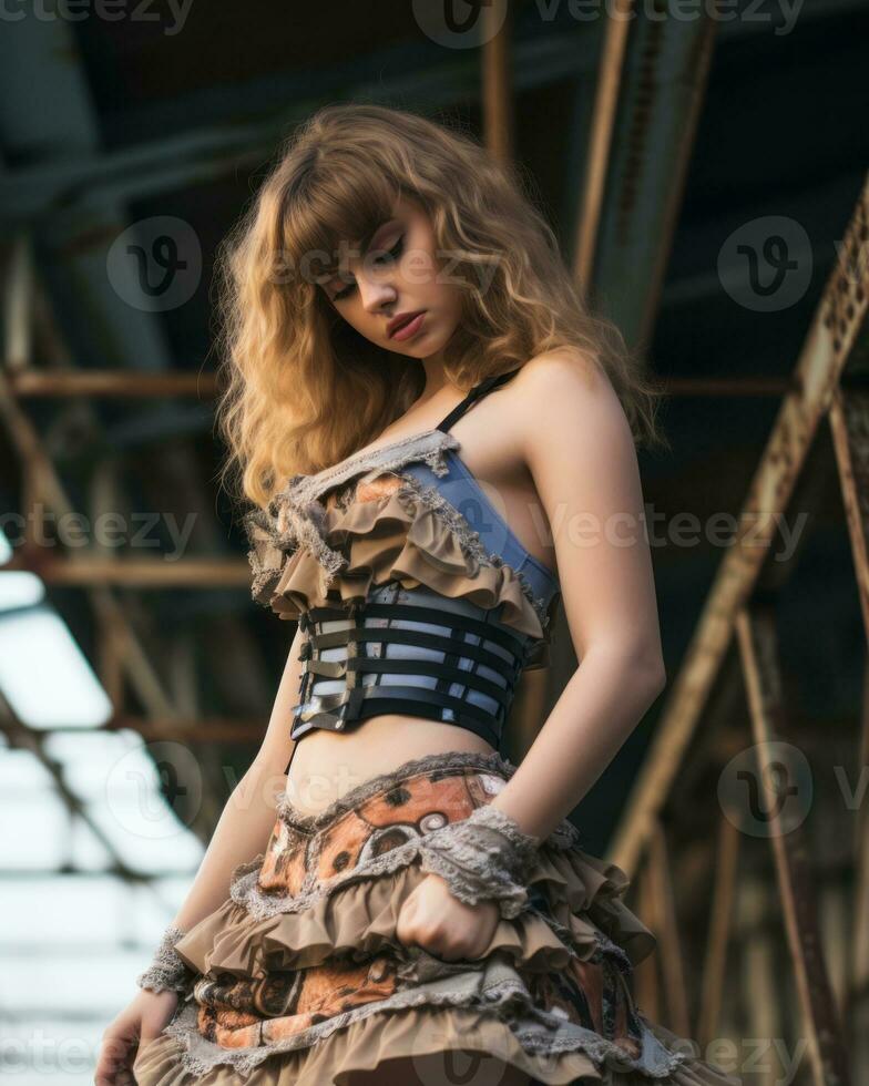 a woman in a dress and corset standing on a bridge generative ai photo