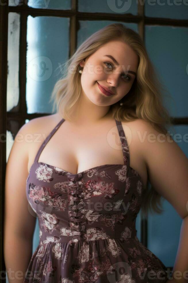a woman in a floral dress posing for the camera generative ai photo