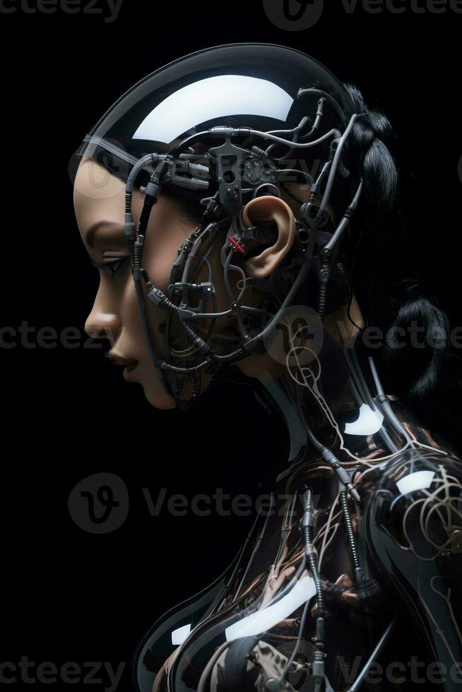 a woman in a futuristic suit with wires attached to her head photo