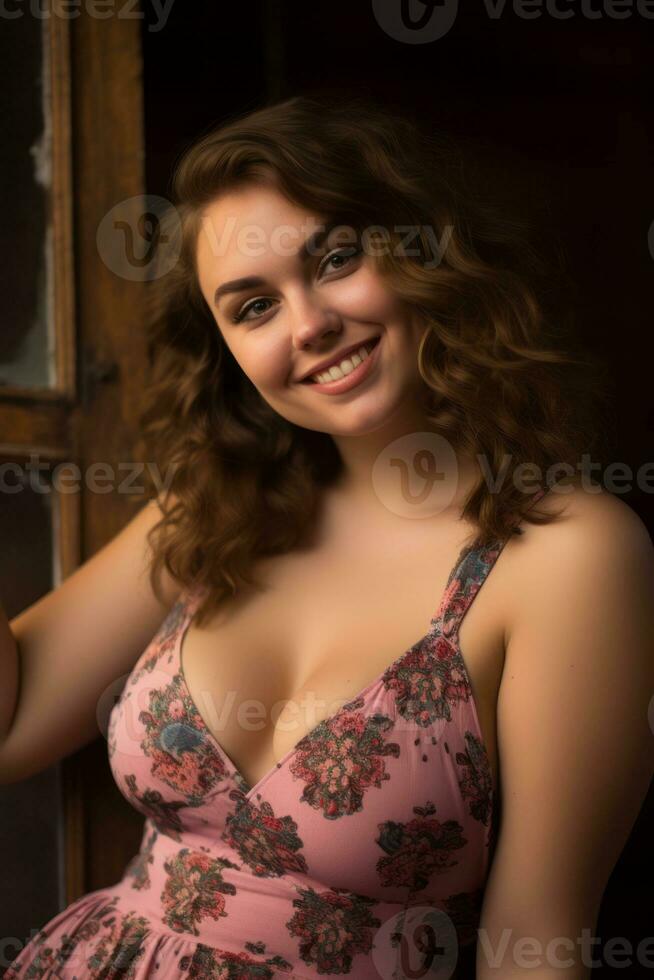 a woman in a pink dress leaning against a window photo