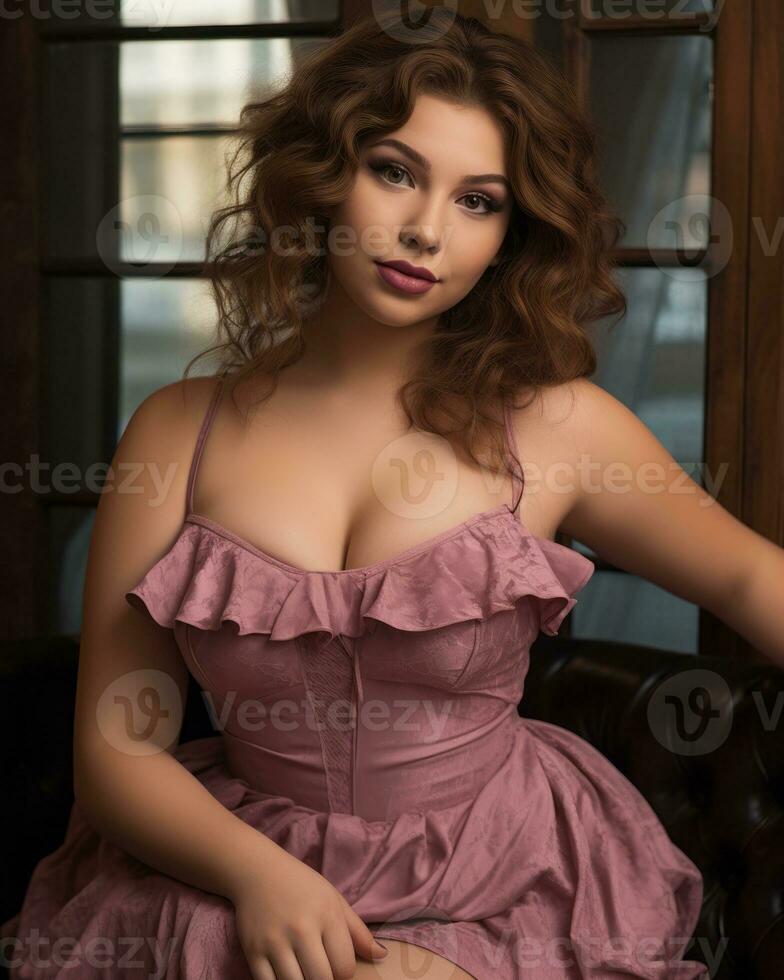 a woman in a pink dress sitting on a leather chair generative ai photo