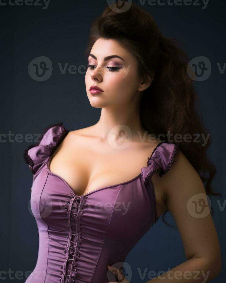 a woman in a purple corset posing for the camera generative ai photo