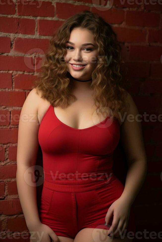 a woman in a red dress posing against a brick wall generative ai photo