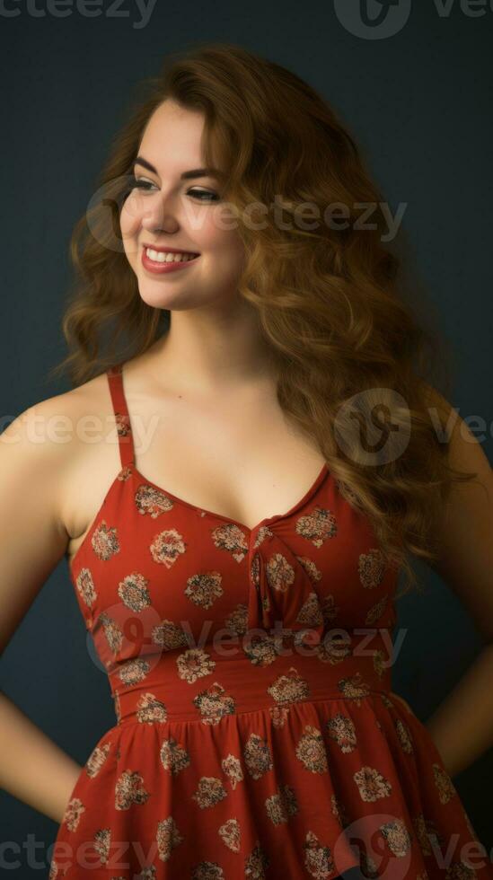 a woman in a red dress posing for the camera generative ai photo