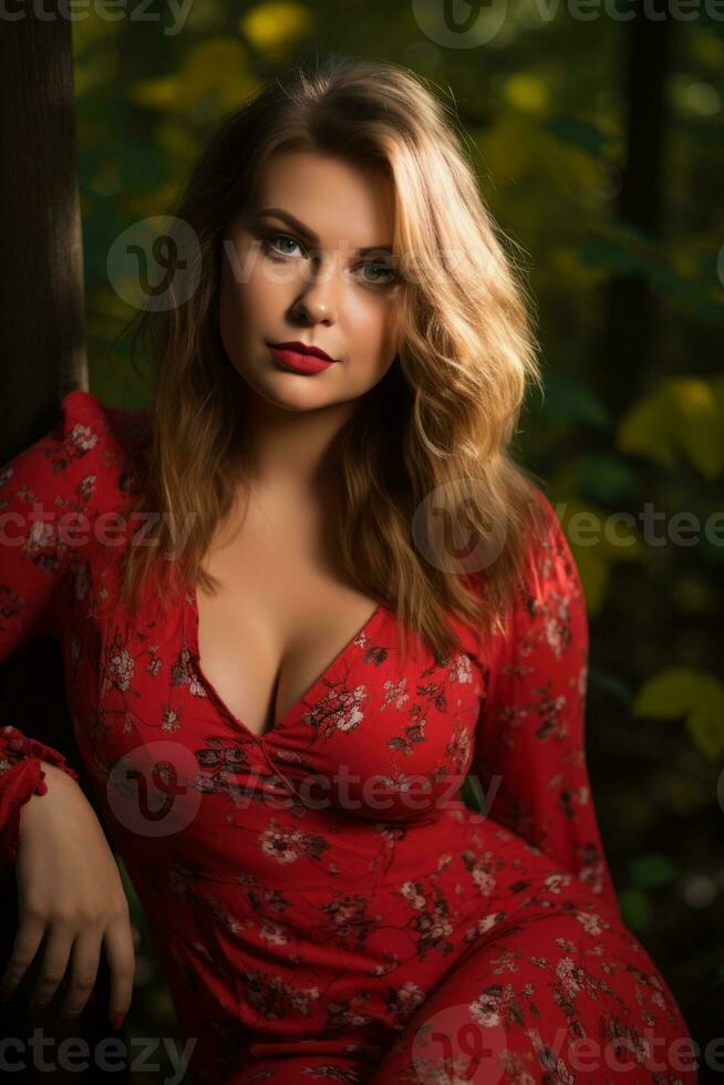 a woman in a red dress posing in the woods generative ai photo