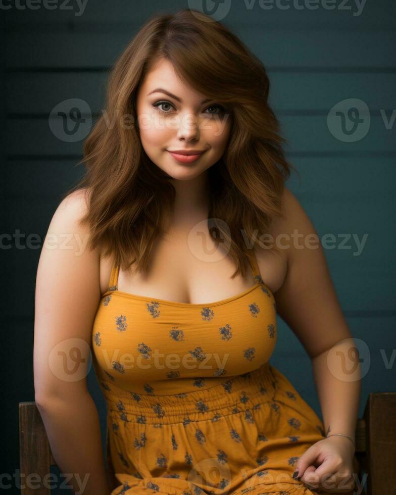 a woman in a yellow dress sitting on a wooden chair generative ai photo