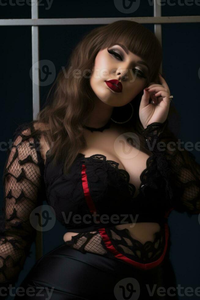a woman in black lingerie posing in front of a window generative ai photo