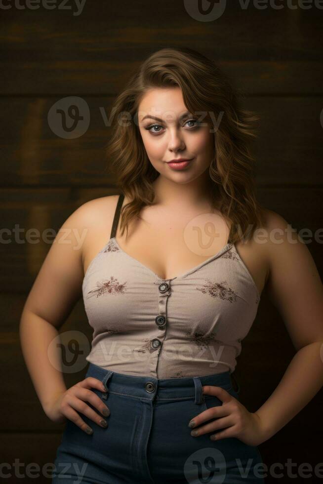 a woman in jeans and a tank top posing for the camera generative ai photo