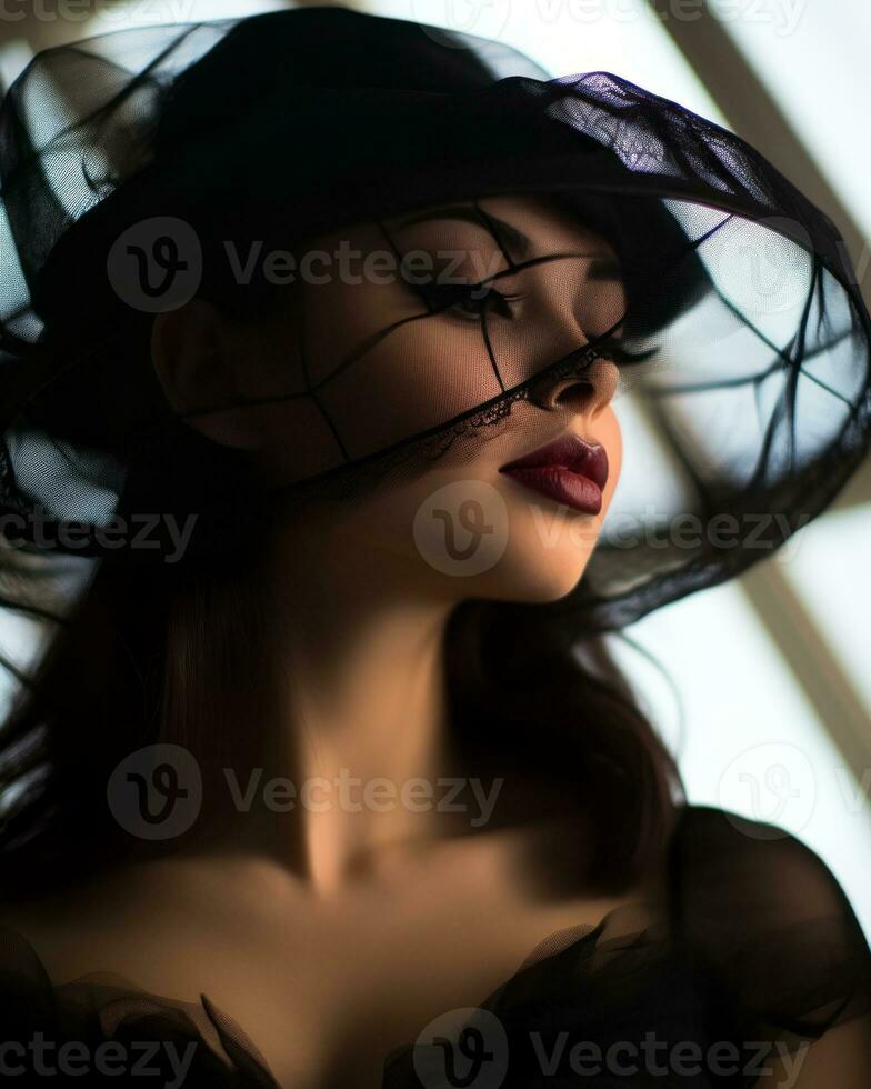 a woman wearing a black hat and veil generative ai photo