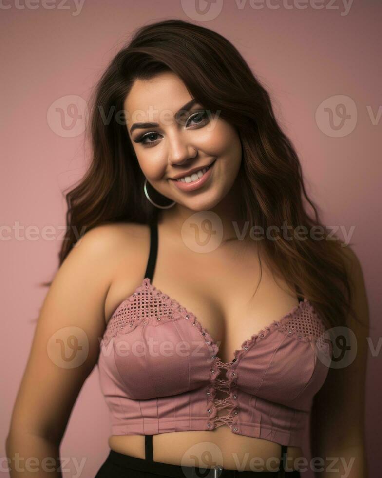 a woman wearing a pink bra top and black skirt generative ai photo