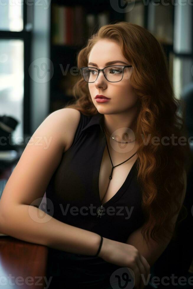 a woman wearing glasses and a black dress sitting at a desk generative ai photo
