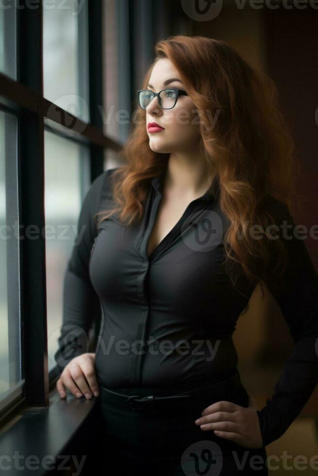a woman wearing glasses and a black shirt leaning against a window generative ai photo