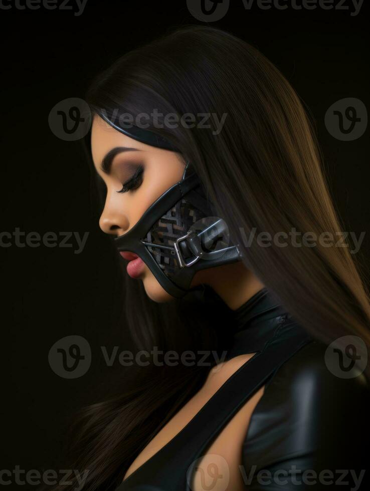 a woman with a black leather corset and a mask on her face generative ai photo