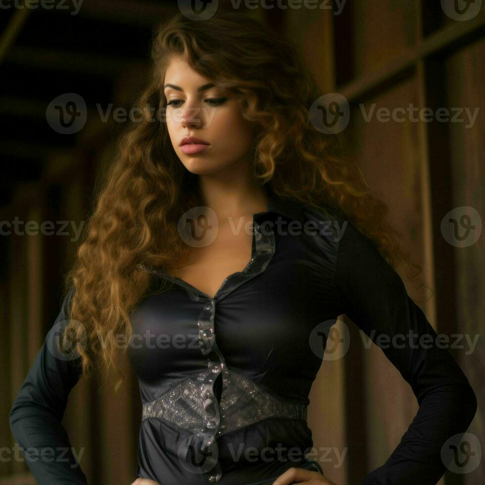 a woman with long curly hair posing for the camera generative ai photo