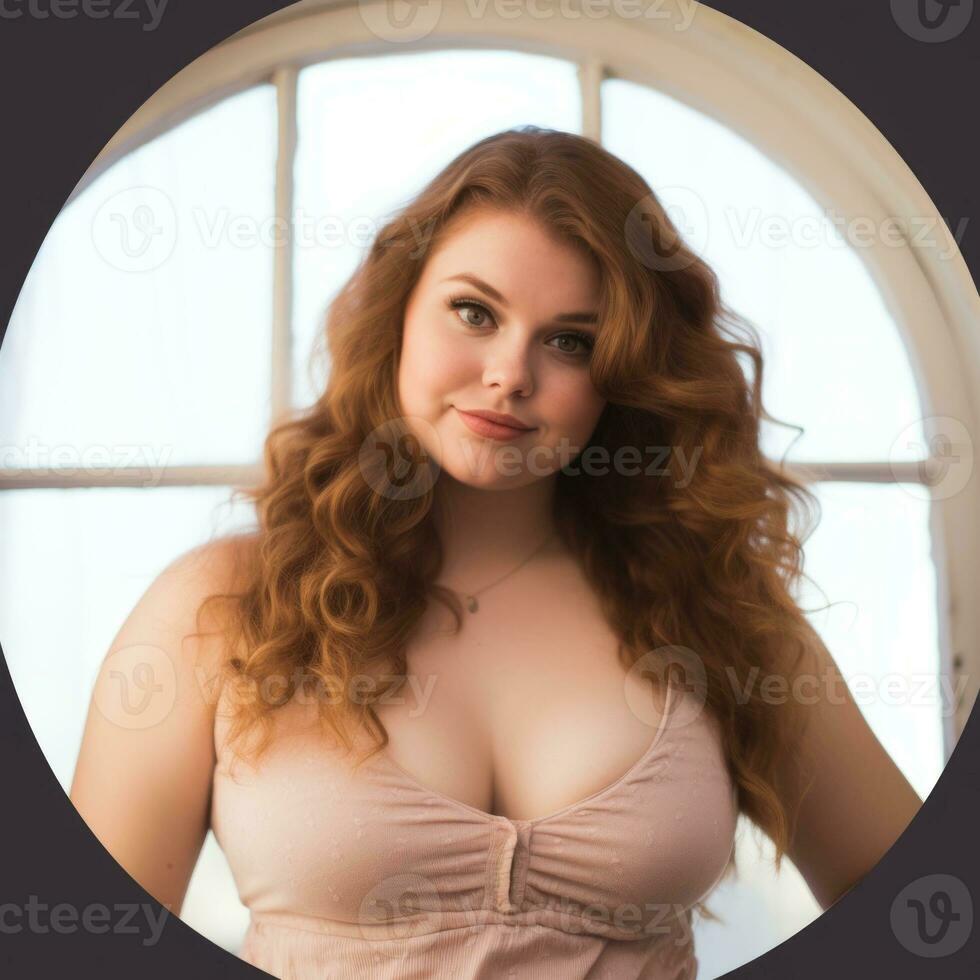 a woman with long red hair posing in front of a window photo