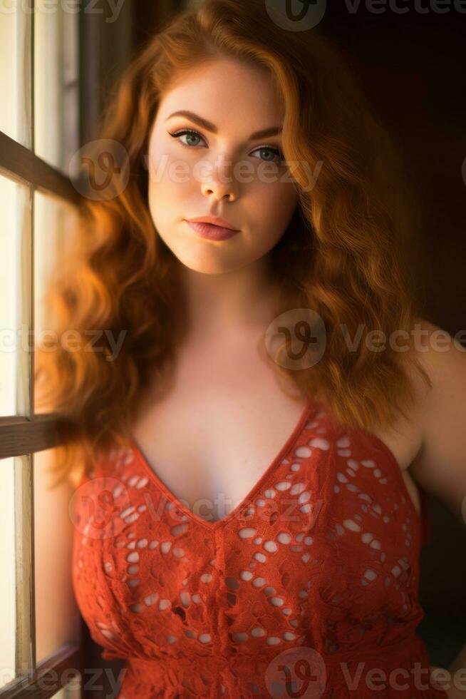 a woman with red hair posing in front of a window generative ai photo