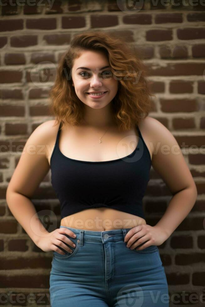 a young woman in jeans and a crop top standing in front of a brick wall generative ai photo